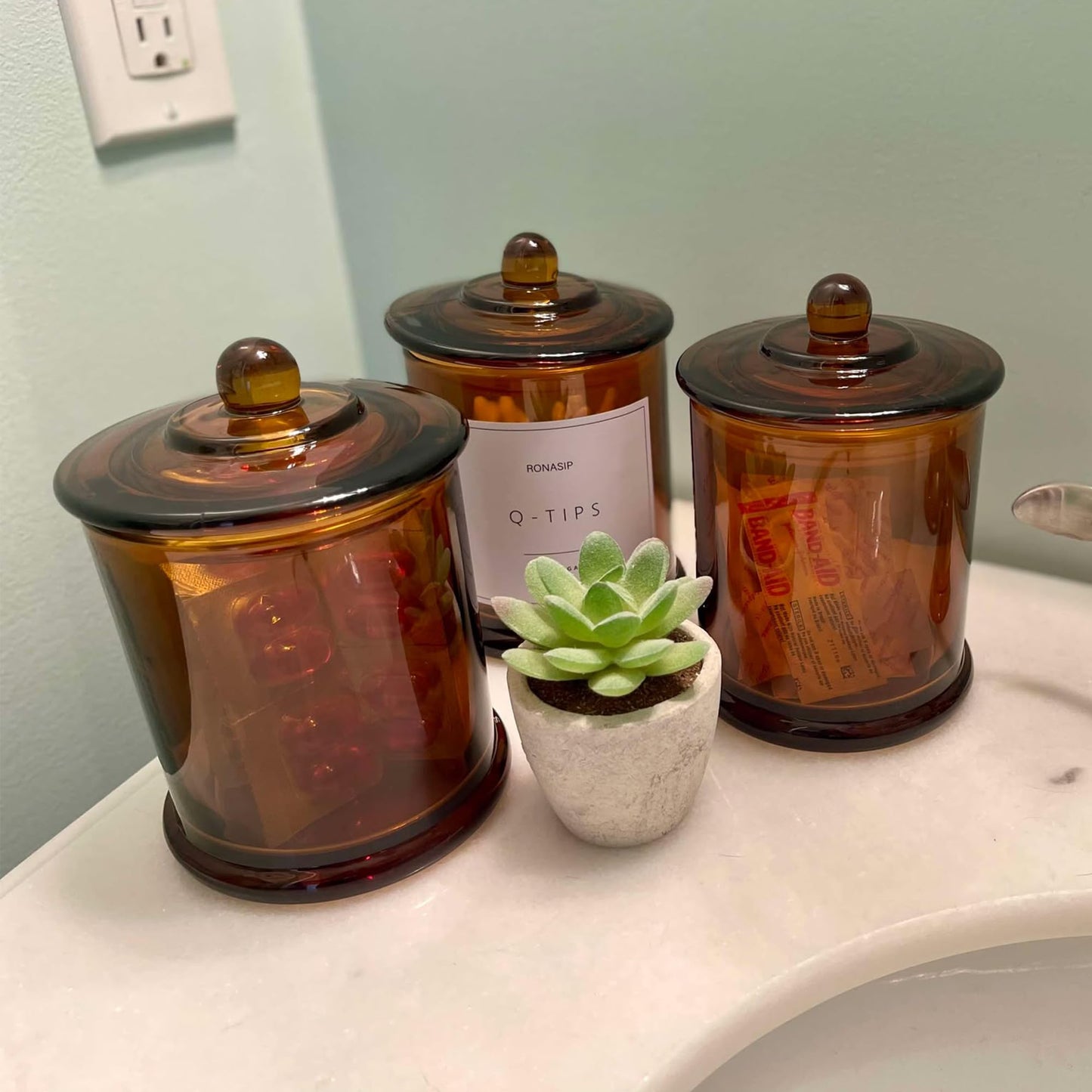 Ronasip 3 Pack Farmhouse Bathroom Organizers and Storage - 16 Oz Glass Jars with Lids for Qtip Holder, Swab Organizer, Bathroom Decor and Storage with Labels (Amber)