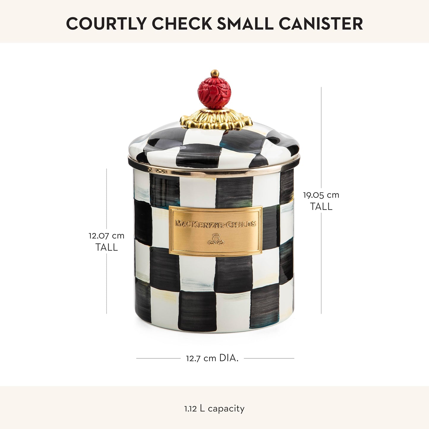 MACKENZIE-CHILDS Small Enamel Canister, Kitchen Storage Container for Flour and Sugar, 1.13 Liters, Black-and-White Courtly Check