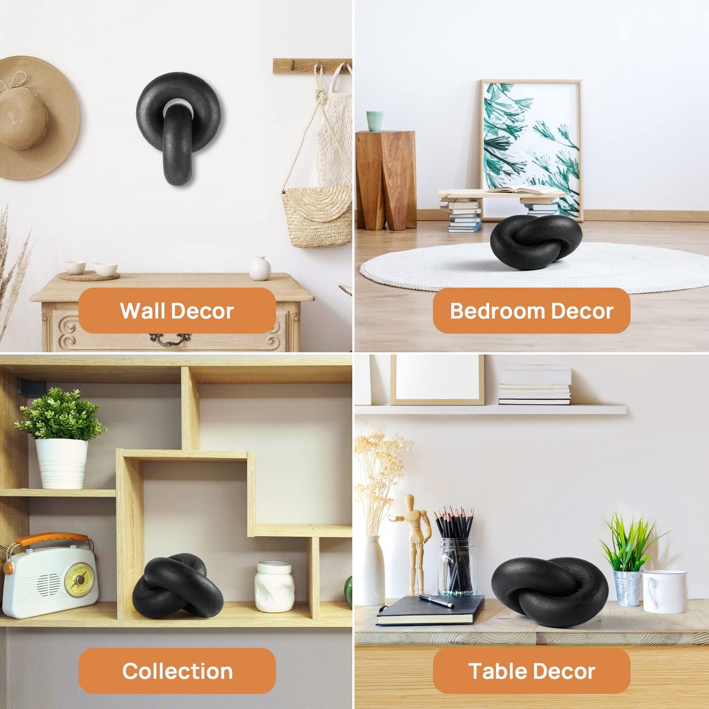 POPRHINO Wood Chain Decor, 2-Link Decorative Chain Hand Carved Boho Wood Knot Decor for Bookshelf Desk Living Room Coffee Table Farmhouse Ornament (Black)