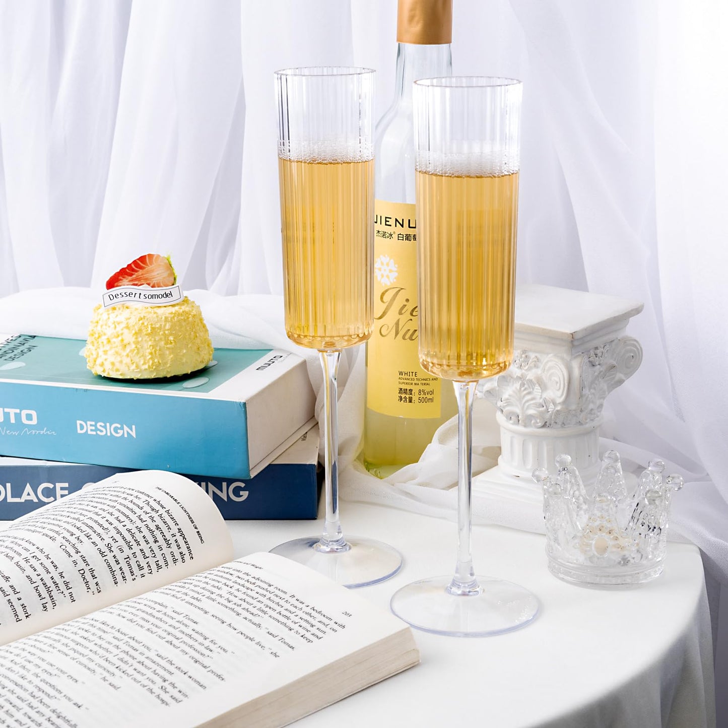 Ciaell 24 Pack Plastic Champagne Flutes - 6oz Ribbed Disposable Champagne Glasses - Clear Vintage Mimosa Glasses with Long Stem, Elegant & Lightweight for Weddings, Birthdays, Parties