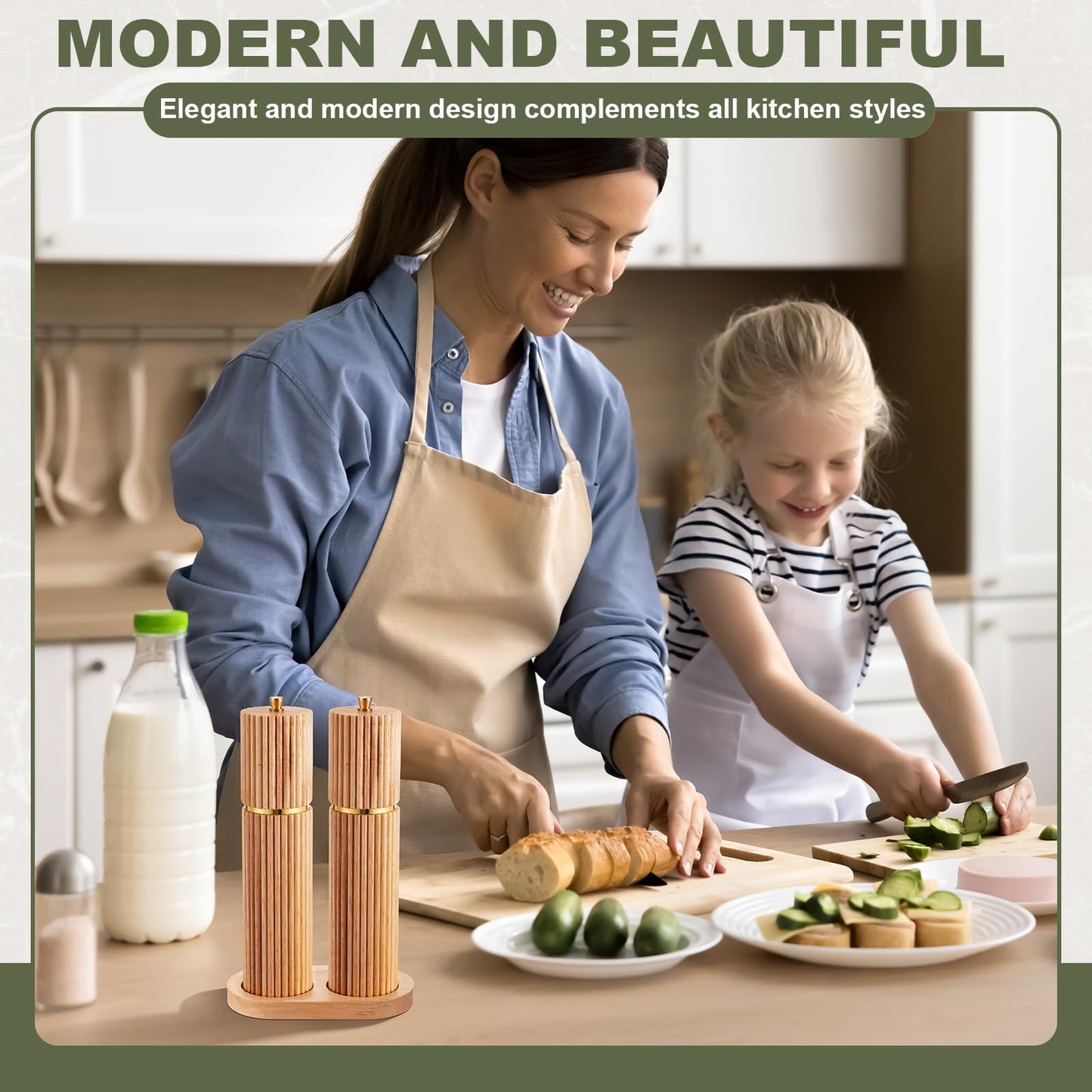 LOYIM Wooden Salt and Pepper Grinder Set 8" Refillable Wooden Manual Salt and Pepper Mill Set with Adjustable Coarse Settings Rust Resistant Smooth and Quality Grinding Mechanism (Wood)