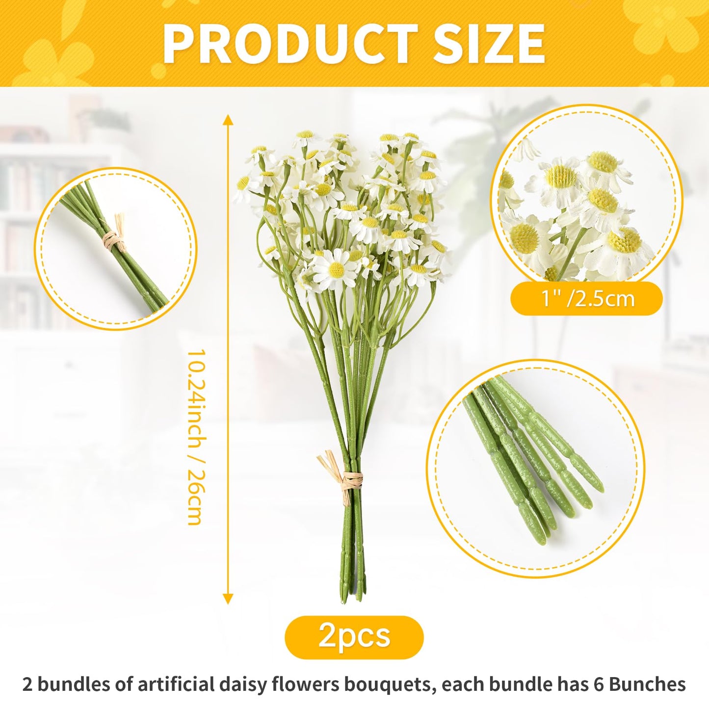 Hanycon 2 Bundles Small Artificial Daisy Flowers Bouquet Faux Silk Tiny Daisy Flowers for Home Garden Vase Decor (White)