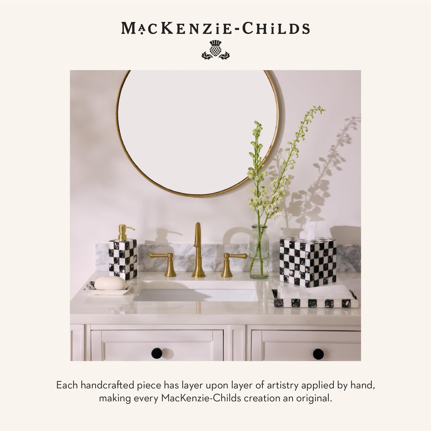 MACKENZIE-CHILDS Capiz Soap Dish, Decorative Soap Holder, Black-and-White Courtly Check