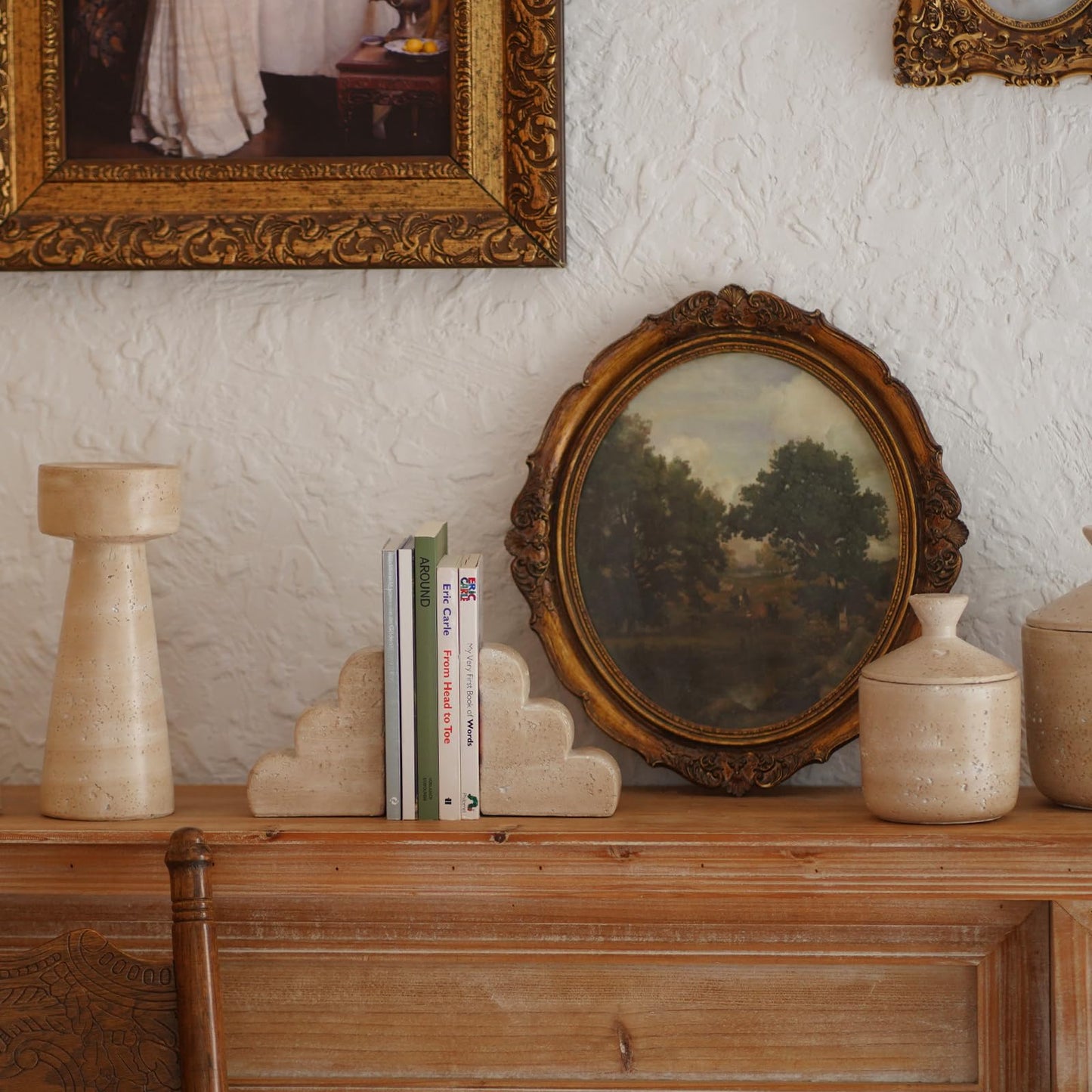 Chagoart Book Ends for Shelves-Concrete Heavy Duty Bookends-Book Stopper- Decorative Bookends for Heavy Books-Travertine Marble Look Book Ends Unique -Scallop Stone Bookends for Desk-Book Holder