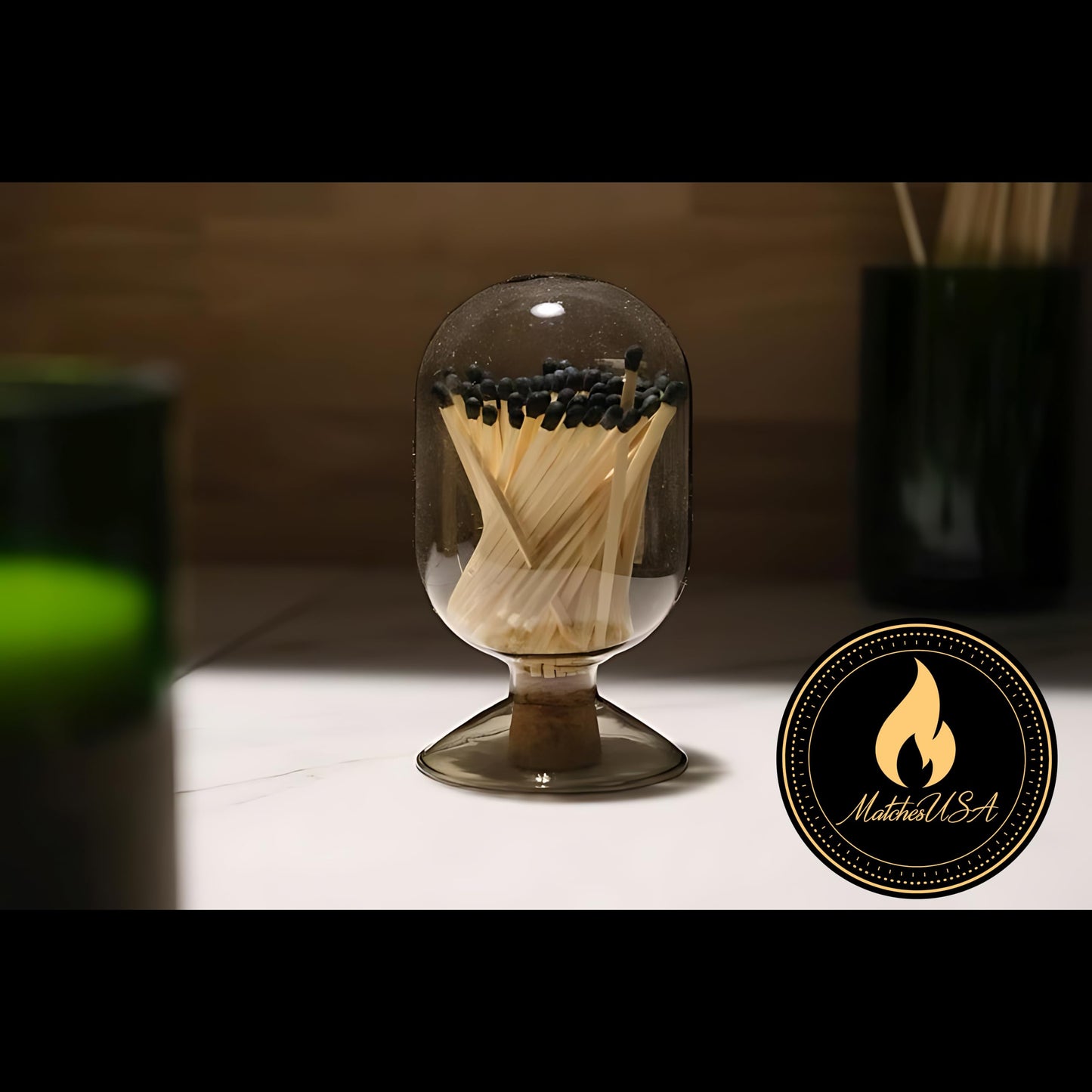 INCLUDES MATCHES ! | Smoke Gray Glass Matches Cloche | Grey Tinted Decorative Match Holder Jar for Candles Set Display (Black Matches)