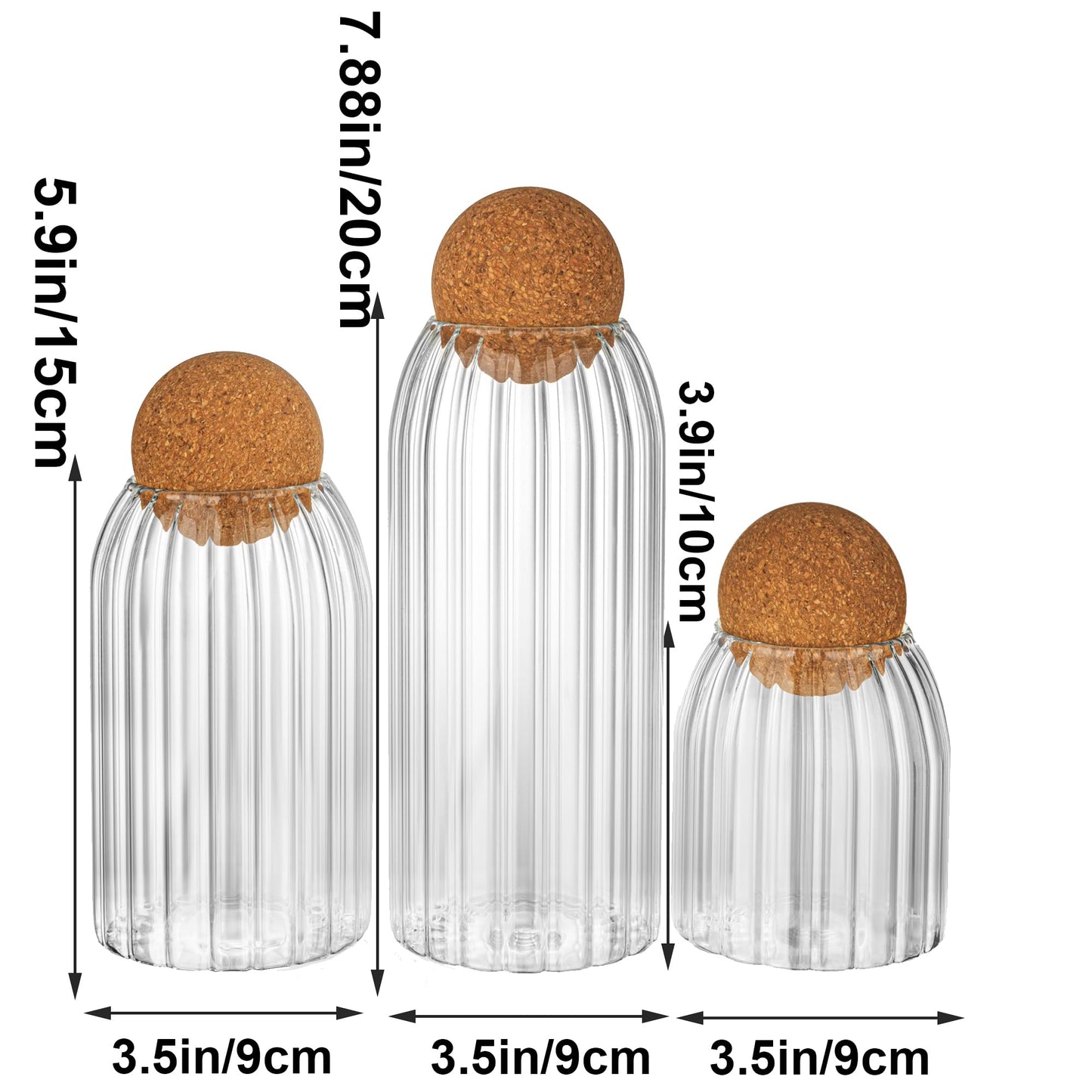 Wisifayardin Glass Jar Set of 3 - Airtight Sealed Cork Lids, Round Glass Bottles for Coffee Beans, Nut Storage, Canisters with Wooden Cork & Ball Lids, Glass Containers