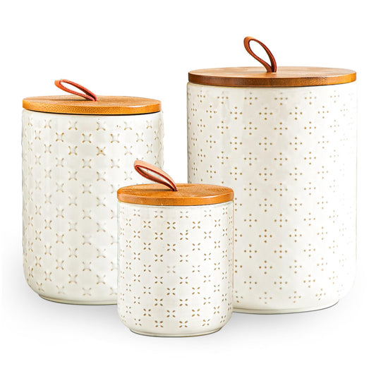 JOJUNO White Ceramic Canister Set with Wooden Lids – 3-Piece Airtight Food Storage Jars for Kitchen, Embossed Design, Small/Medium/Large Sizes (12/30/48 oz) – Flour, Sugar, Coffee, Tea Containers