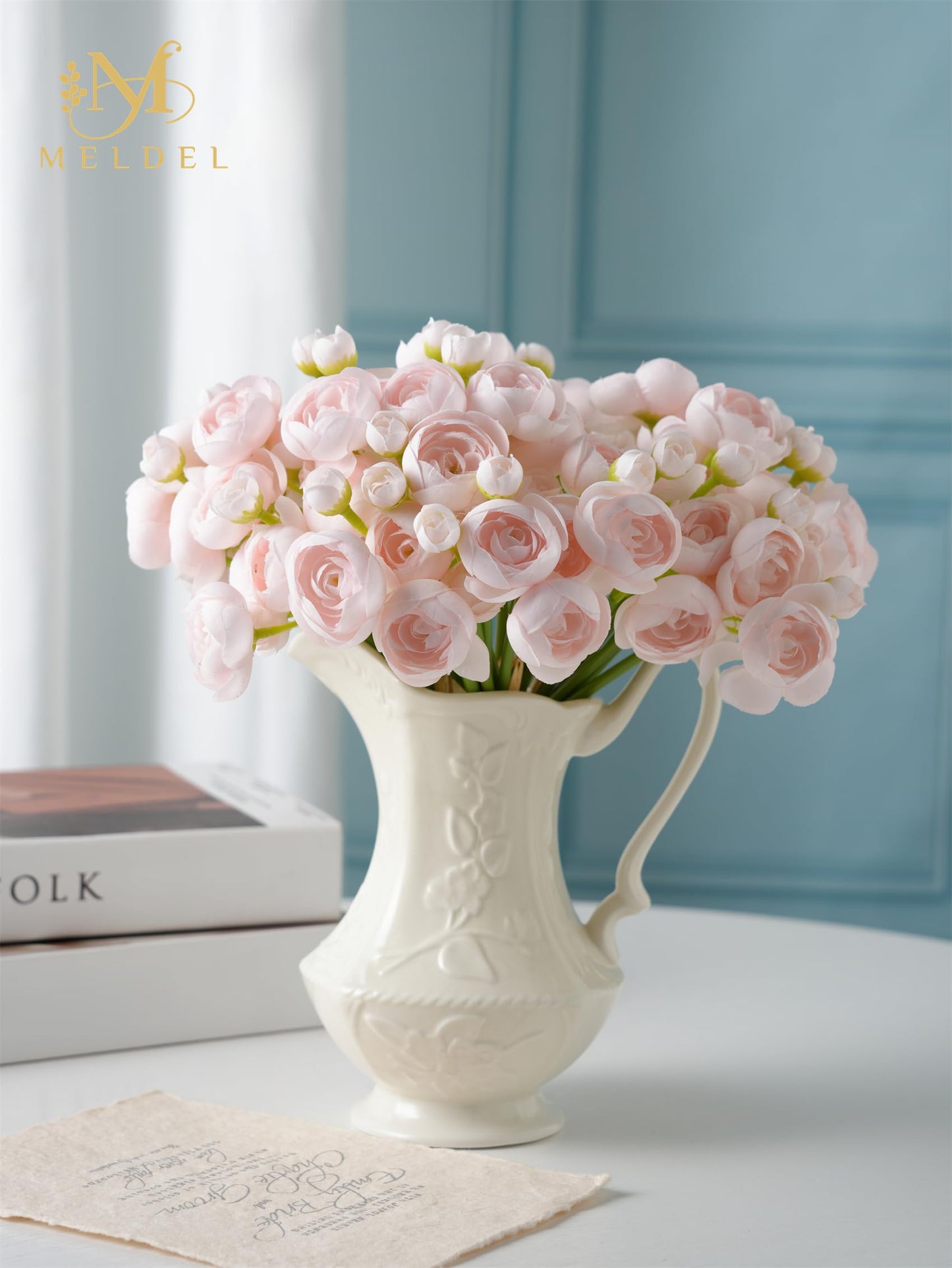 Meldel 32Pcs Ranunculus Artificial Flower, Faux Silk Mini Ranunculus Flowers for DIY Bouquet, Bulk Fake Peony Wedding Filler Flowers for Centerpieces Arrangements Bridal Shower Decorations Light Pink