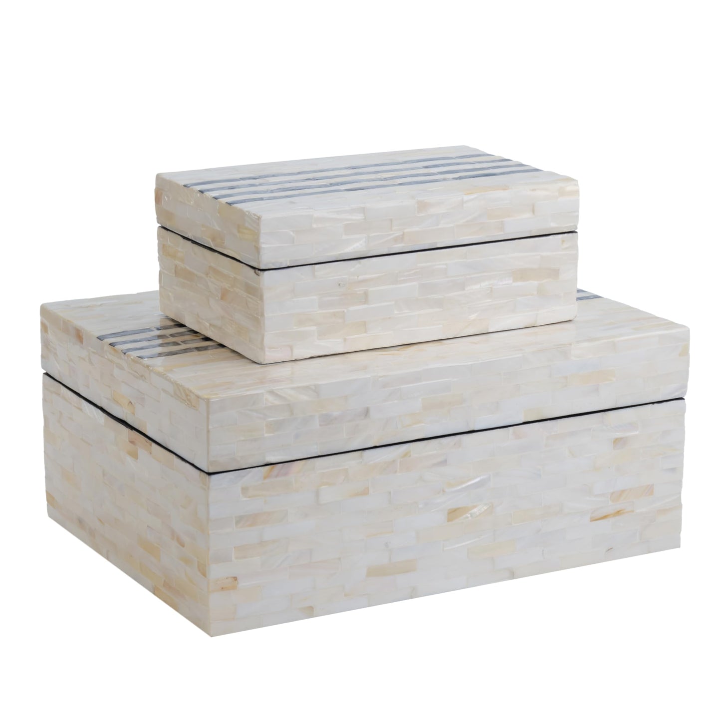 PEMAR Set of 2 Mother of Pearl Decorative Boxes w Lids, Handmade Mosaic Keepsake Jewelry Box Treasure Chest, Shelf Decorative Wooden Box for Memory, Tea Bags, Coffee, Accessories (Black Stripes)