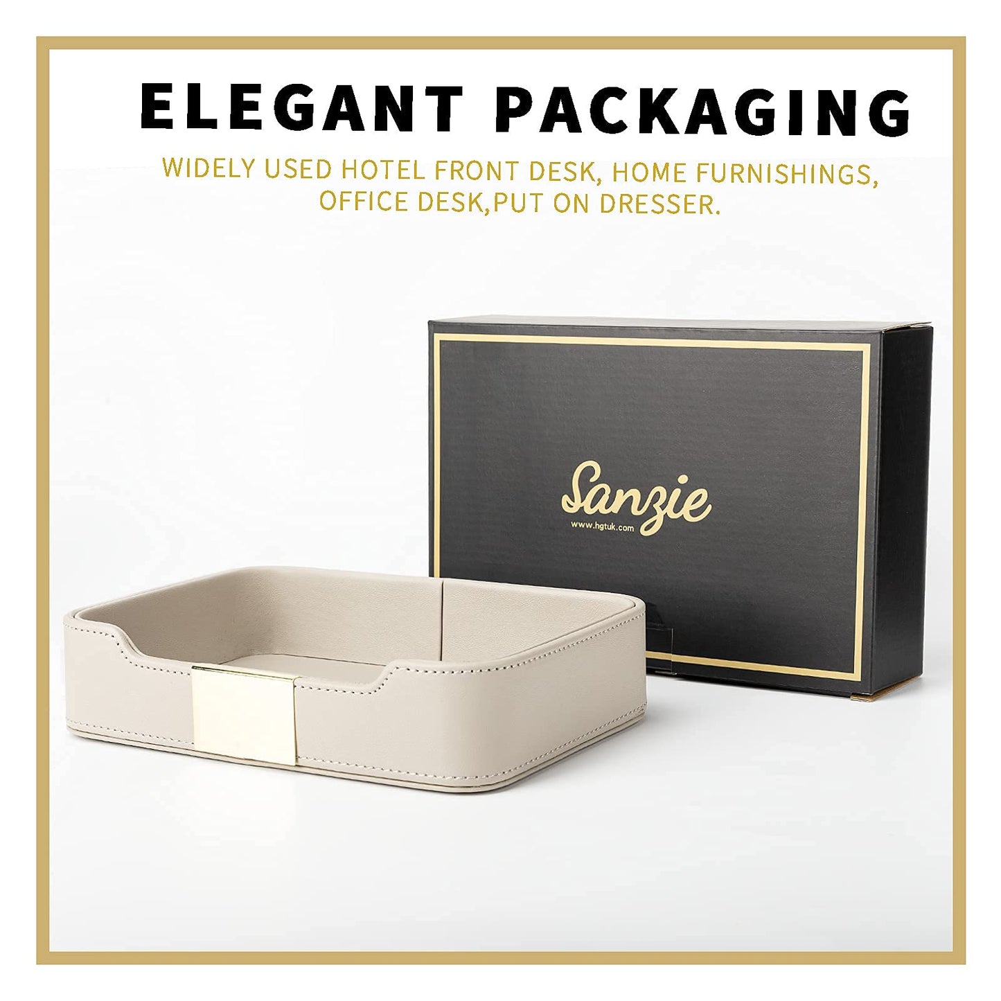 SANZIE Luxury Leather Tray Desktop Storage Catchall Organizer Decorative Tray for Entryway Table to Hold Jewelry Watch Keys Phone Wallet (Metal Glided, Grey)