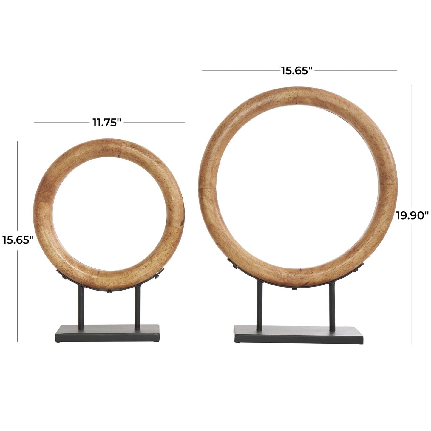 Deco 79 Wood Geometric Decorative Sculpture Circular Ring Home Decor Statues with Black Metal Stands, Set of 2 Accent Figurines 20", 16"H, Brown