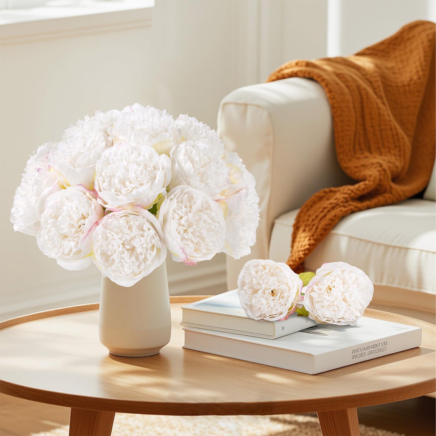 U'Artlines 2 Bouquet 10 Heads Artificial Peony Silk Flower Leaf Home Office Wedding Party Festival Bar Decor (Cream White)