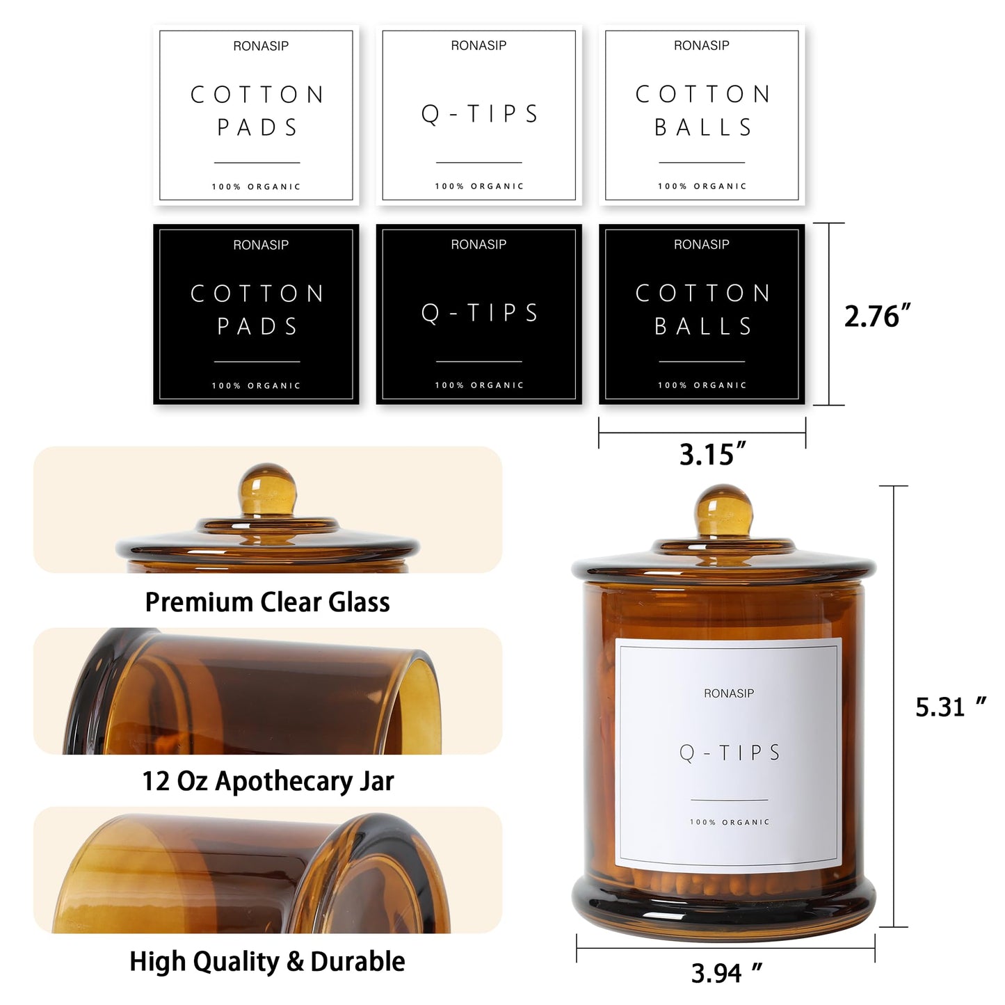 Ronasip 3 Pack Farmhouse Bathroom Organizers and Storage - 16 Oz Glass Jars with Lids for Qtip Holder, Swab Organizer, Bathroom Decor and Storage with Labels (Amber)