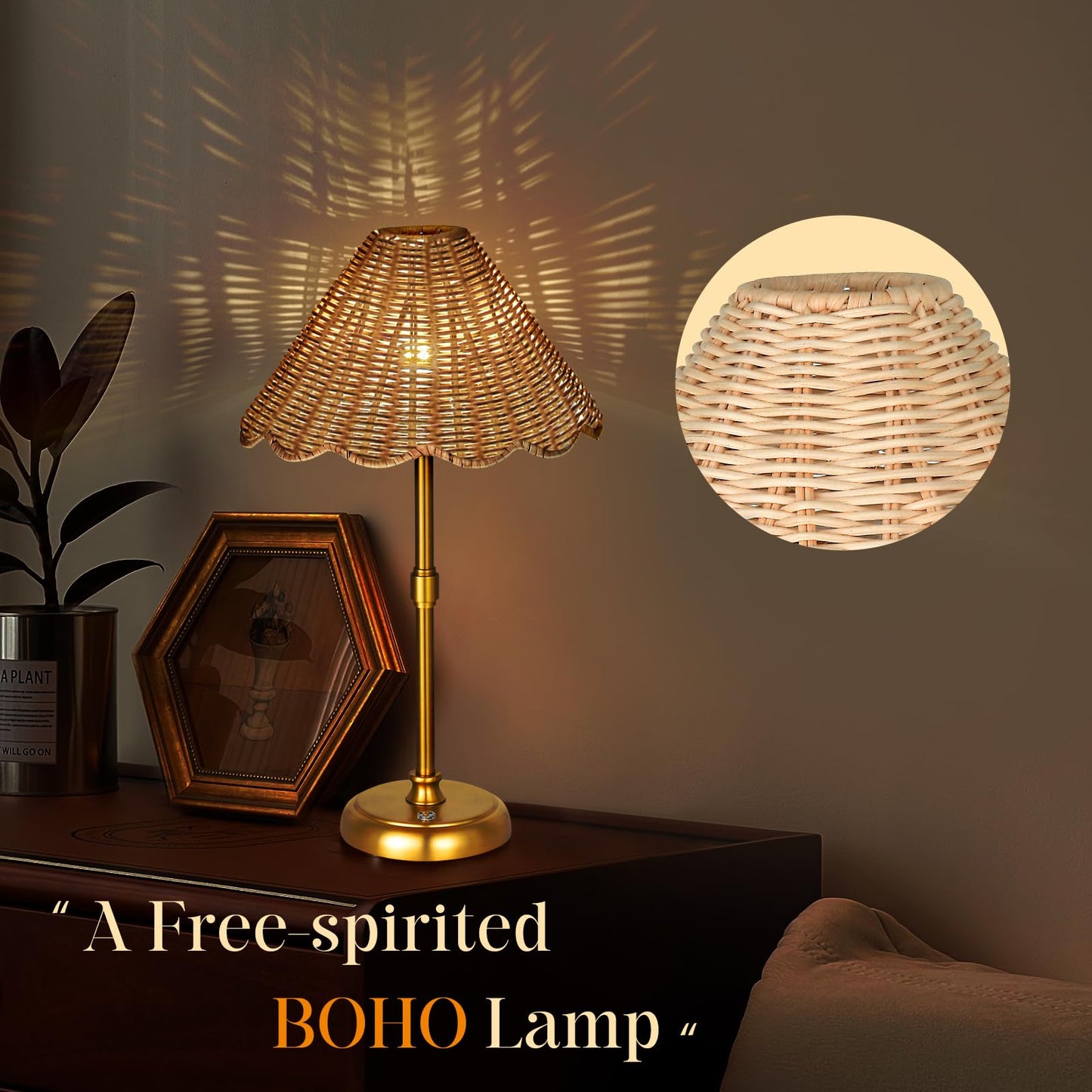 Folux Cordless Boho Rattan Table lamp, 5200-mAh Rechargeable Battery, 3-level Brightness Dimmable, Build-in Integrated LED 320 Lumen Max, Rattan Shade, for Bedside Restaurant Resort Hotel Dining Table