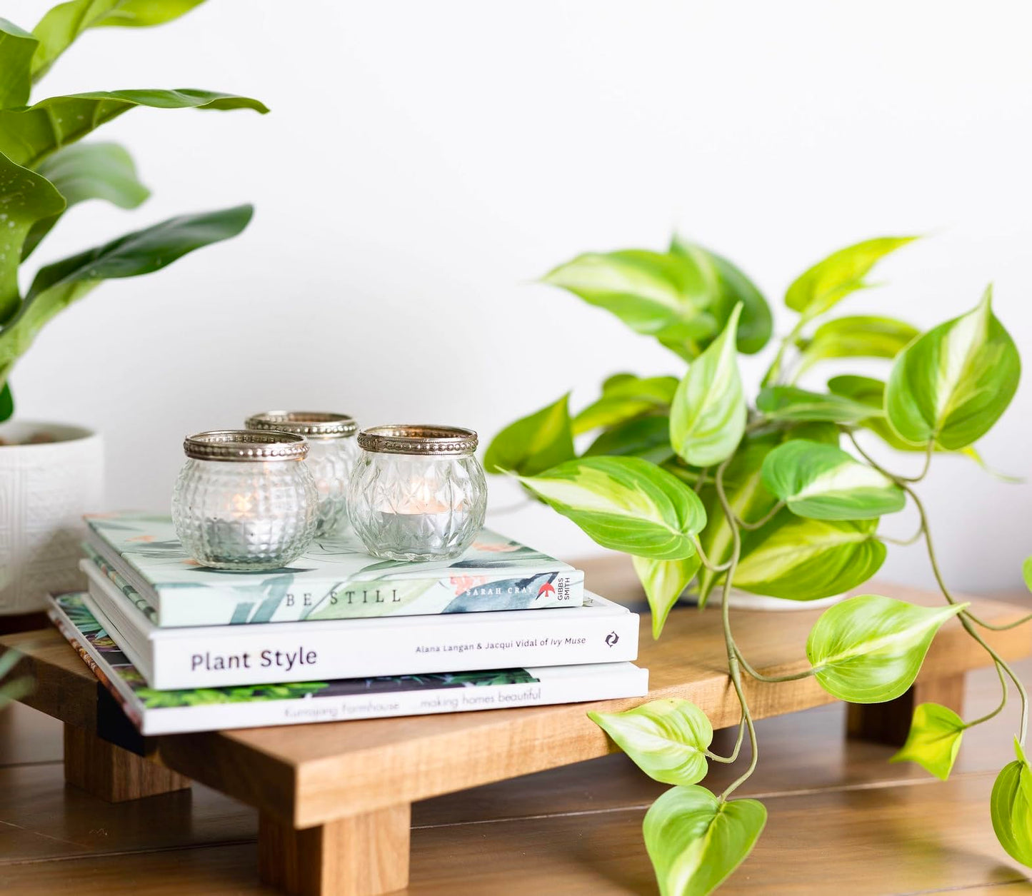 Kurrajong Farmhouse Fake pothos Plant | Fake Plant for Shelf Decor | Artificial Trailing Ivy Plant with 5" Wide Ceramic Pot | Light Green Faux pothos | Feaux Pothos