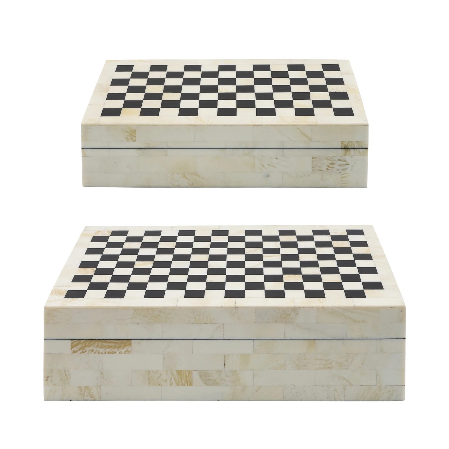 Sagebrook Home Decorative Storage Boxes Set – Checkered Design, Resin & Wood Keepsake Boxes – Stylish Organizer for Home, Office, Bedroom, or Living Room – 10" & 12 Inches, Black & Ivory