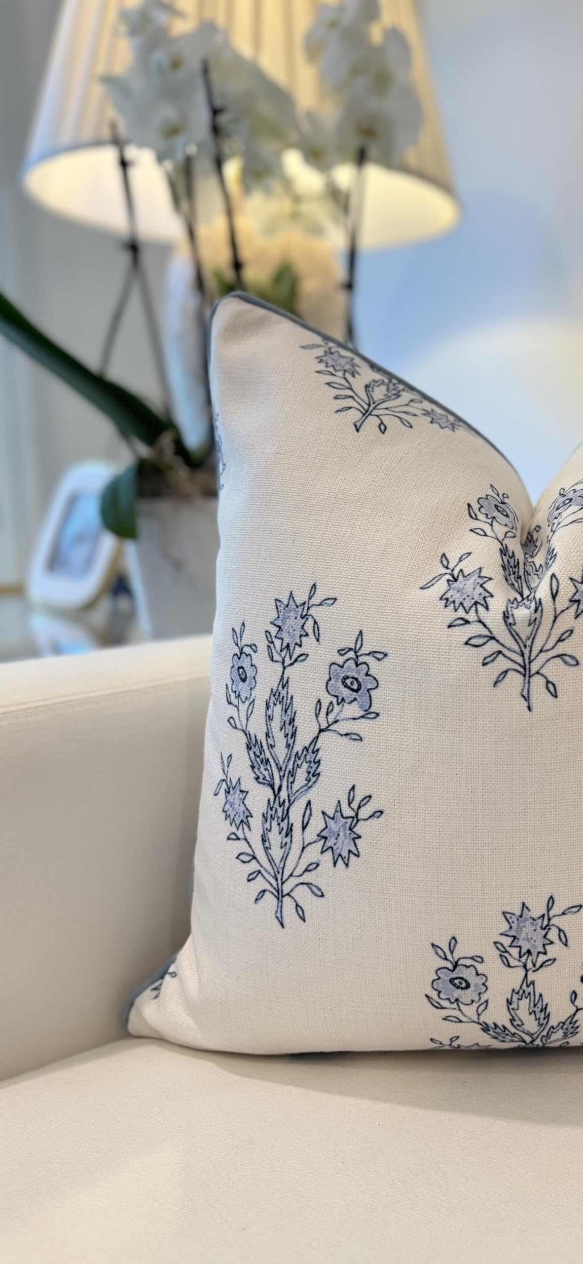 Jillien Harbor “The Mary” Periwinkle Floral Block Print Pillow Cover – Blue and Off-White Decorative Throw Pillow Cover – Grandmillennial Home Decor, 19" x 19"