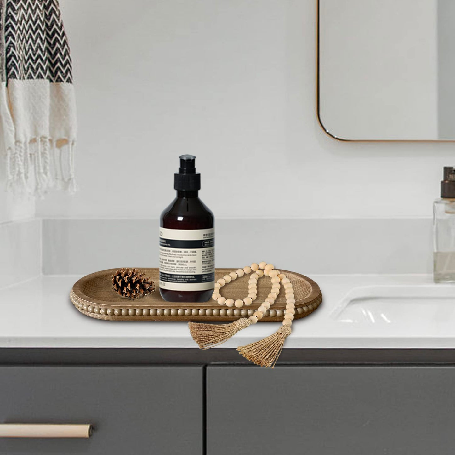 dwellington Wooden Farmhouse Decorative Tray, 12in Rustic Beaded Tray for Living Room Decor, Kitchen Table Décor, Oval Coffee Table Serving Tray (Natural)