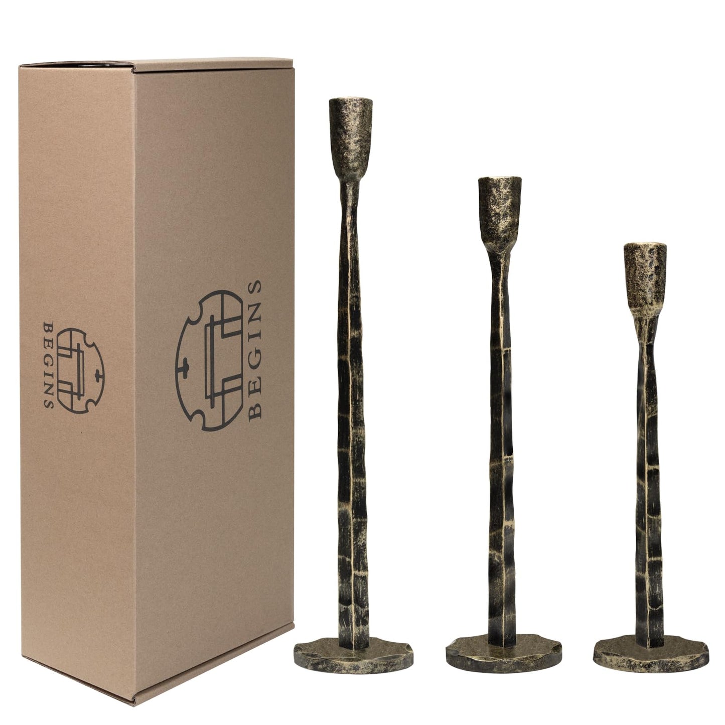 BEGINS Hand-Forged Bronze Taper Candle Holders, Set of 3 Decorative Metal Candlestick Holders for Weddings, Dining Table, Church, Home Decor