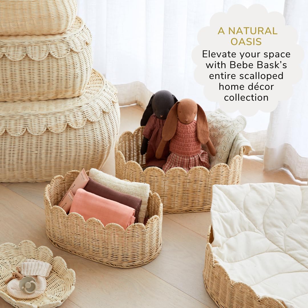 BEBE BASK Premium Scalloped Basket Set Of 2 - Scallop Basket - 16 x 10 x 7 Inch - Hand-Woven Elegant Wicker With Scalloped Edge - Nursery Storage (Natural)