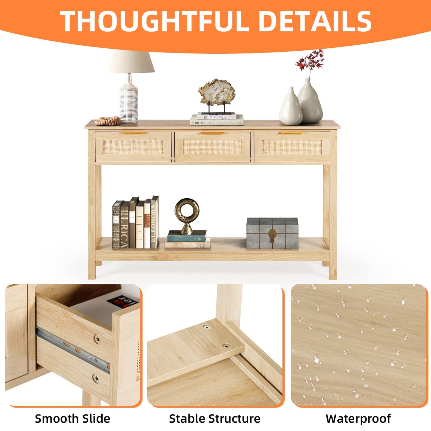 LAZZO Rattan Console Table Boho Entryway Table Narrow Long Sofa Table Hallway Foyer Behind Couch Table with 3 Drawers and Open Storage Shelf for Living Room and Corridor Natural Wood