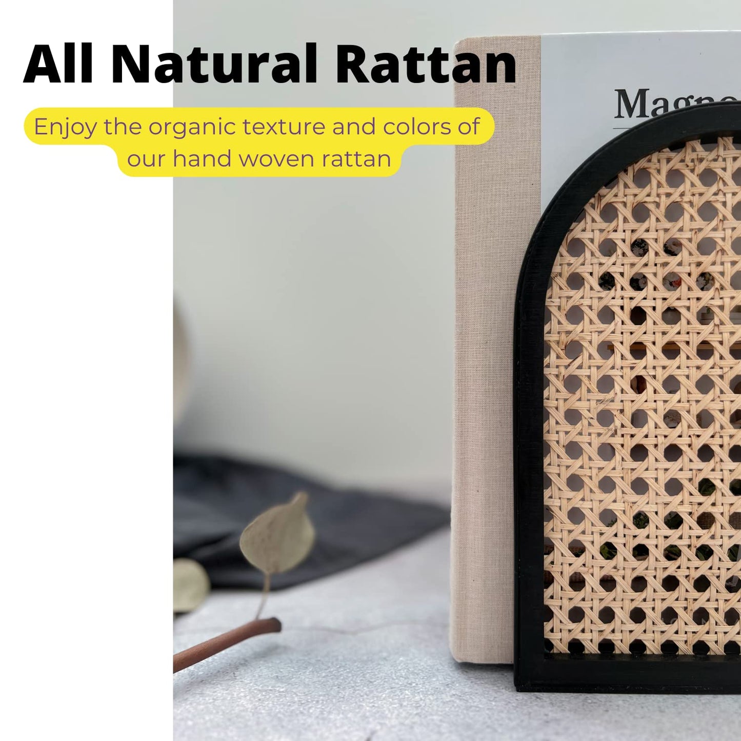 PurpleWares Arch Rattan Decorative Bookends - 9" Heavy Duty Black Metal Book Ends Stopper Non-Skid Bottom for Shelves, Unique Modern Large Book Holder Organizer Bookshelf Decor Display (Extra Tall)