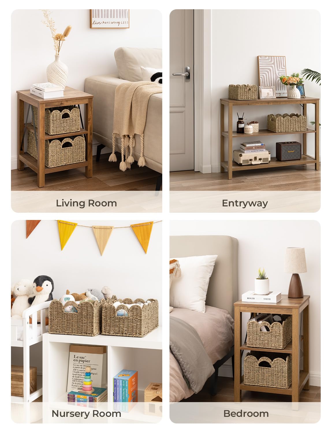 StorageWorks Scalloped Edge Wicker Basket, Hand-woven Rattan Baskets with Built-in Handles, Seagrass Basket for Organizing and Decor, 2 Pack