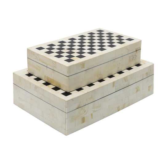 Sagebrook Home Decorative Storage Boxes Set – Checkered Design, Resin & Wood Keepsake Boxes – Stylish Organizer for Home, Office, Bedroom, or Living Room – 10" & 12 Inches, Black & Ivory