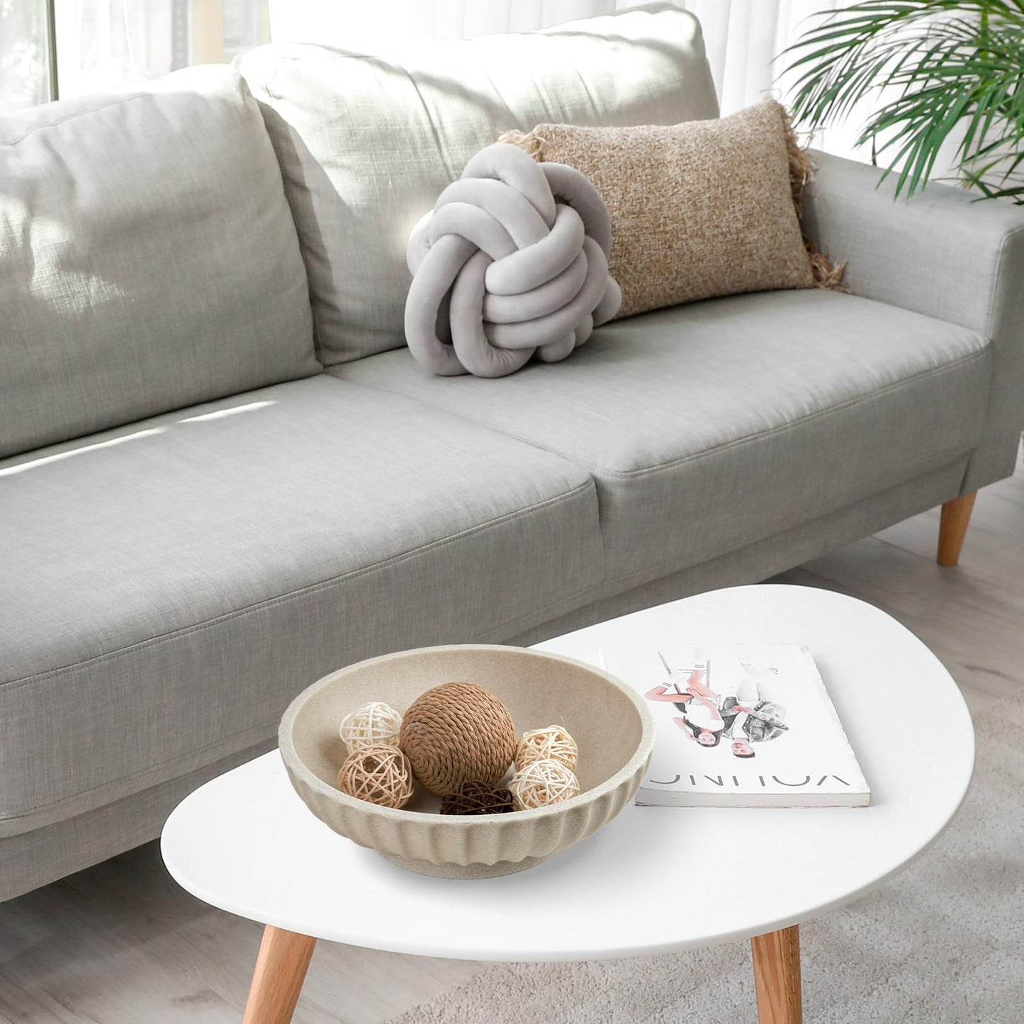 Large Decorative Bowl - Fruit Bowl for Kitchen Counter - Modern Decorative Bowl for Home Decor,Key Bowl for Entryway Table - Artificial Stone Beige