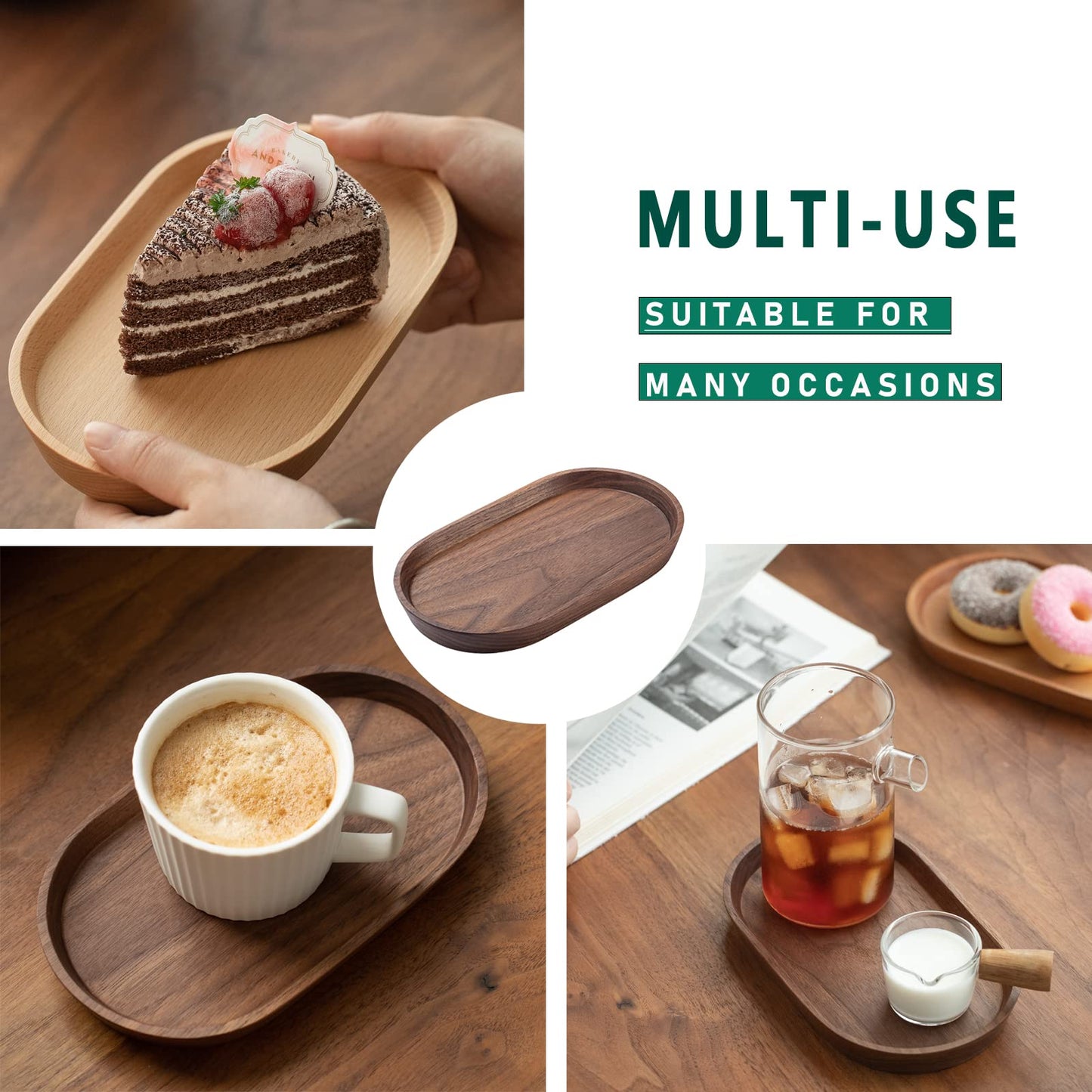 Vandroop Mini Serving Trays for Parties, Small Decorative Tray for Tea＆Coffee, Oval Wooden Plates for Serving Food for Appetizer＆Vegetables for Bathroom 7.8"×4.6" (Walnut, Set of 2)