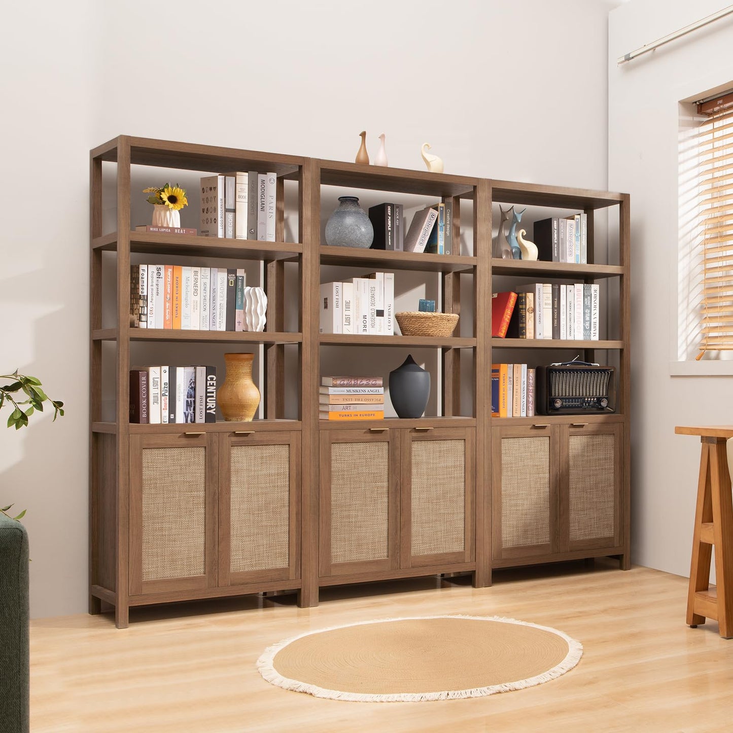 SICOTAS Bookshelf 5 Tier Book Shelf Rattan Boho 71" Tall Bookcase with Doors Storage Shelves Large Bookshelves Farmhouse Bookcases Library Book Case for Living Room Bedroom Home Office Kitchen