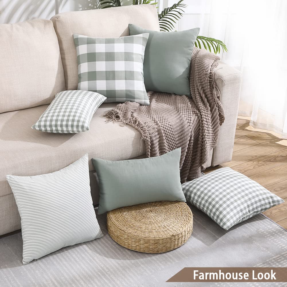 CARRIE HOME Set of 2 Farmhouse Sage Green Gingham Throw Pillow Covers 18x18 Checkered Plaid Decorative Pillow Cover Classic Retro Plaid Decor for Room Patio and Porch, Grey Green and White Gingham