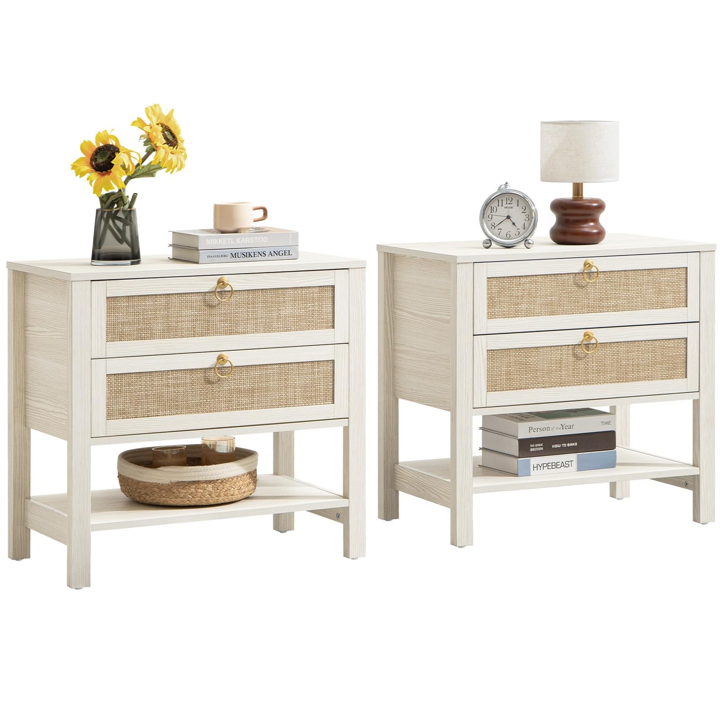 SICOTAS White Night Stand Set of 2, Large Nightstand with Drawers and Storage Shelf - Rattan Boho Bedside Table Narrow Side Table for Bedroom, Small Space