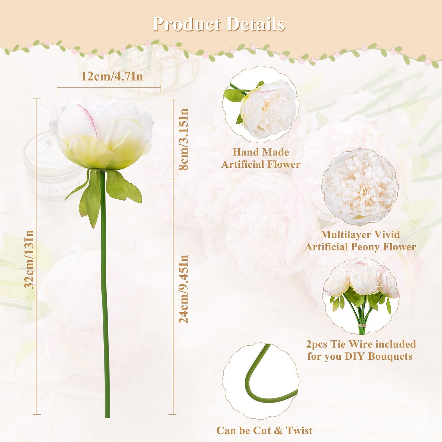 U'Artlines 2 Bouquet 10 Heads Artificial Peony Silk Flower Leaf Home Office Wedding Party Festival Bar Decor (Cream White)