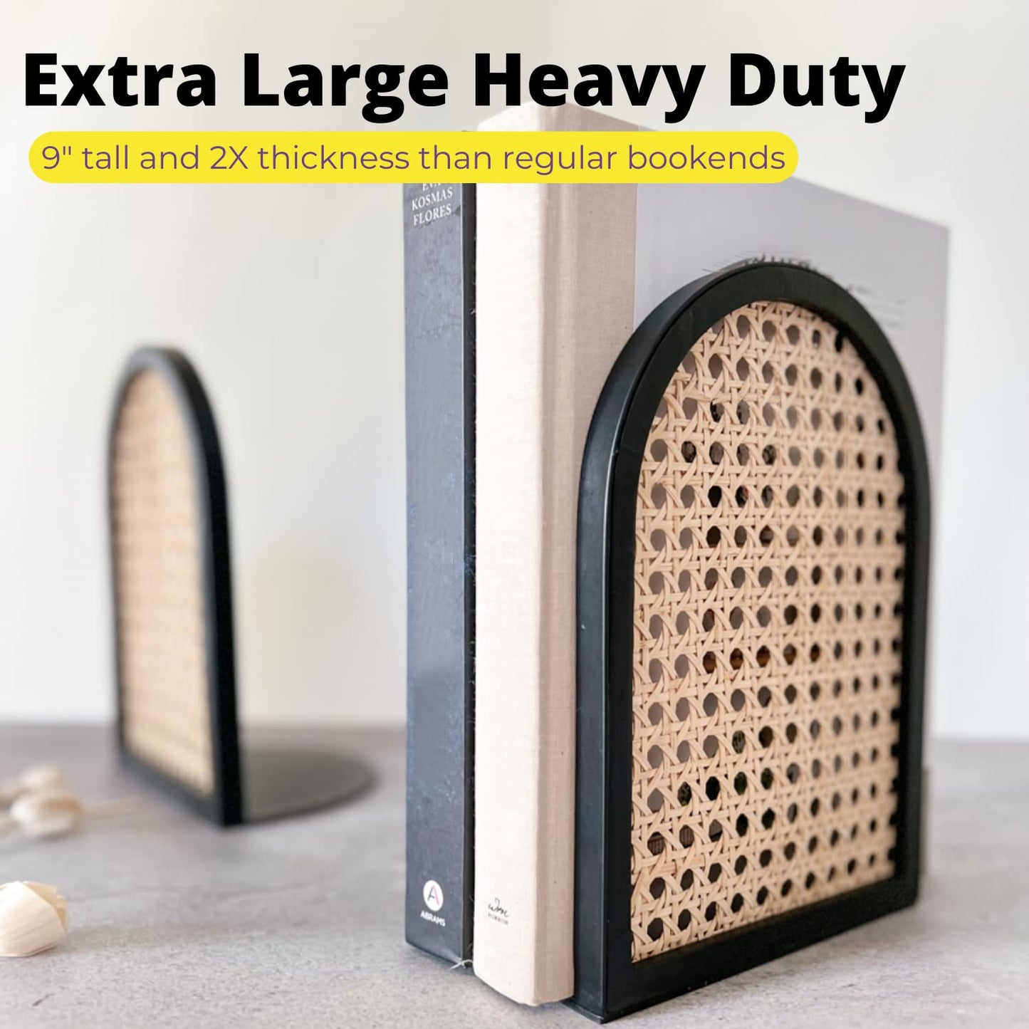PurpleWares Arch Rattan Decorative Bookends - 9" Heavy Duty Black Metal Book Ends Stopper Non-Skid Bottom for Shelves, Unique Modern Large Book Holder Organizer Bookshelf Decor Display (Extra Tall)