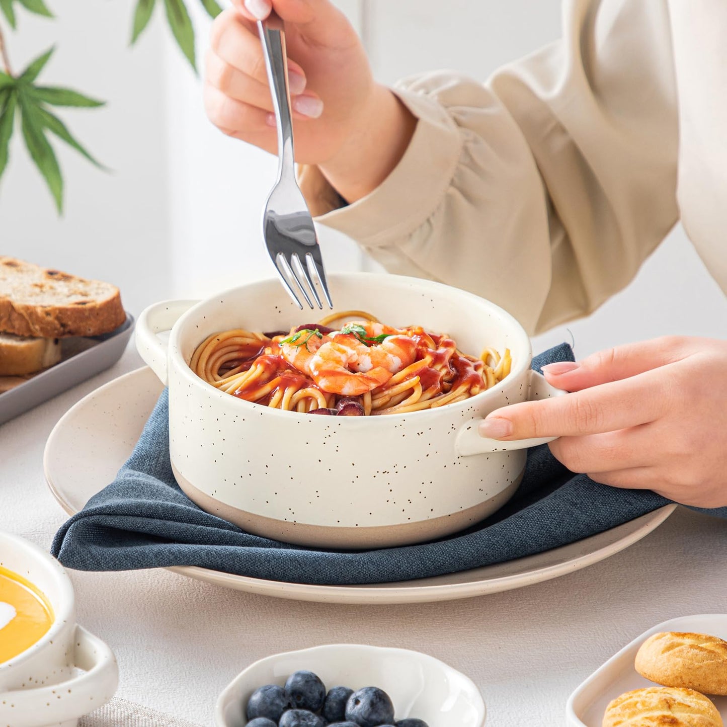 vancasso Sabine French Onion Soup Bowls with Handles, 30 Oz Large Soup Bowls for Cereal, Pasta,Stew, Oven Safe Soup Sowls, Soup Crocks Set of 4, Cream Beige