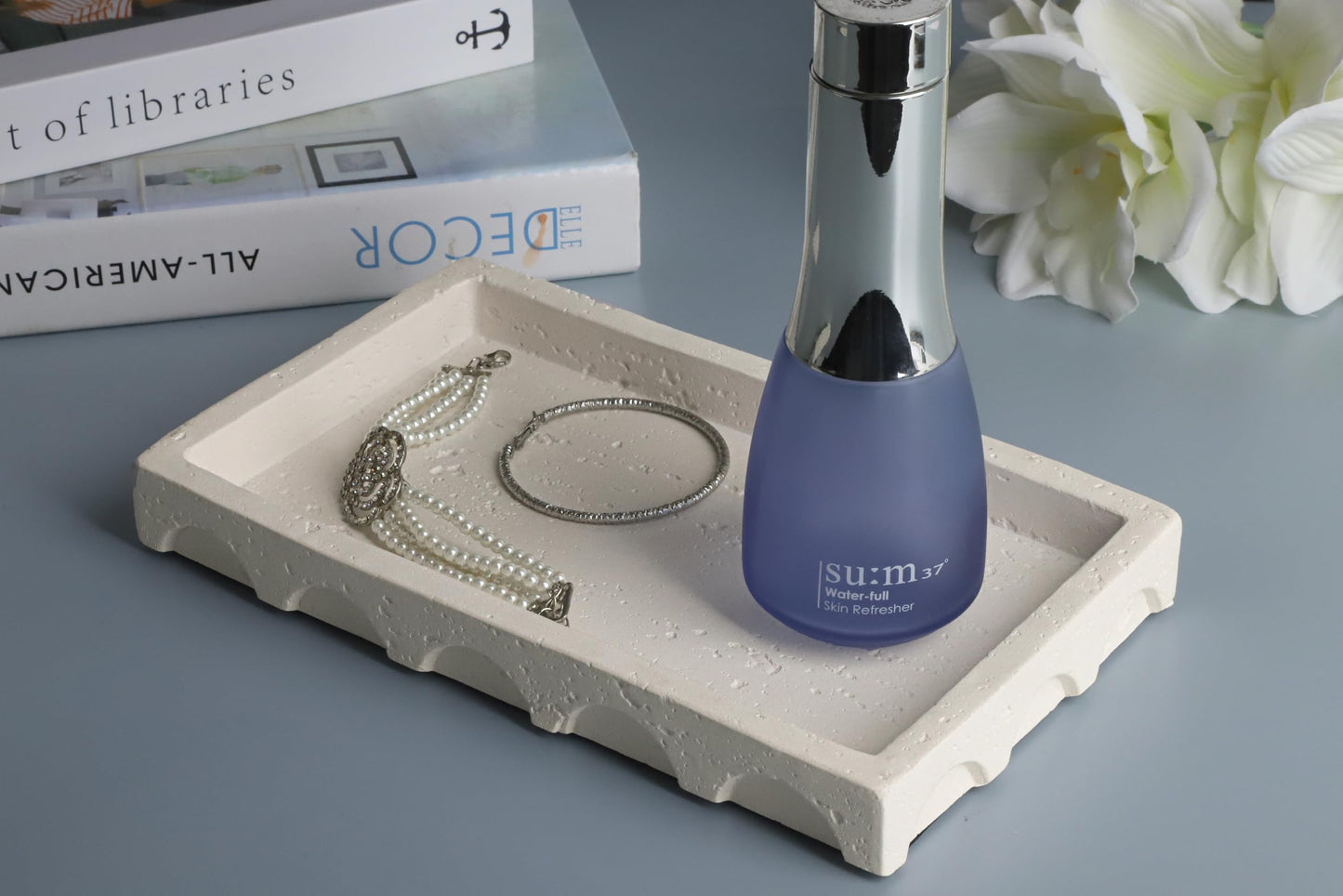 Vixdonos Decorative Tray with Semi-Circular Pattern Edge,Rectangular Concrete Tray for Coffee Table Decor,9.8X5.8X1.2 Inches(Beige)