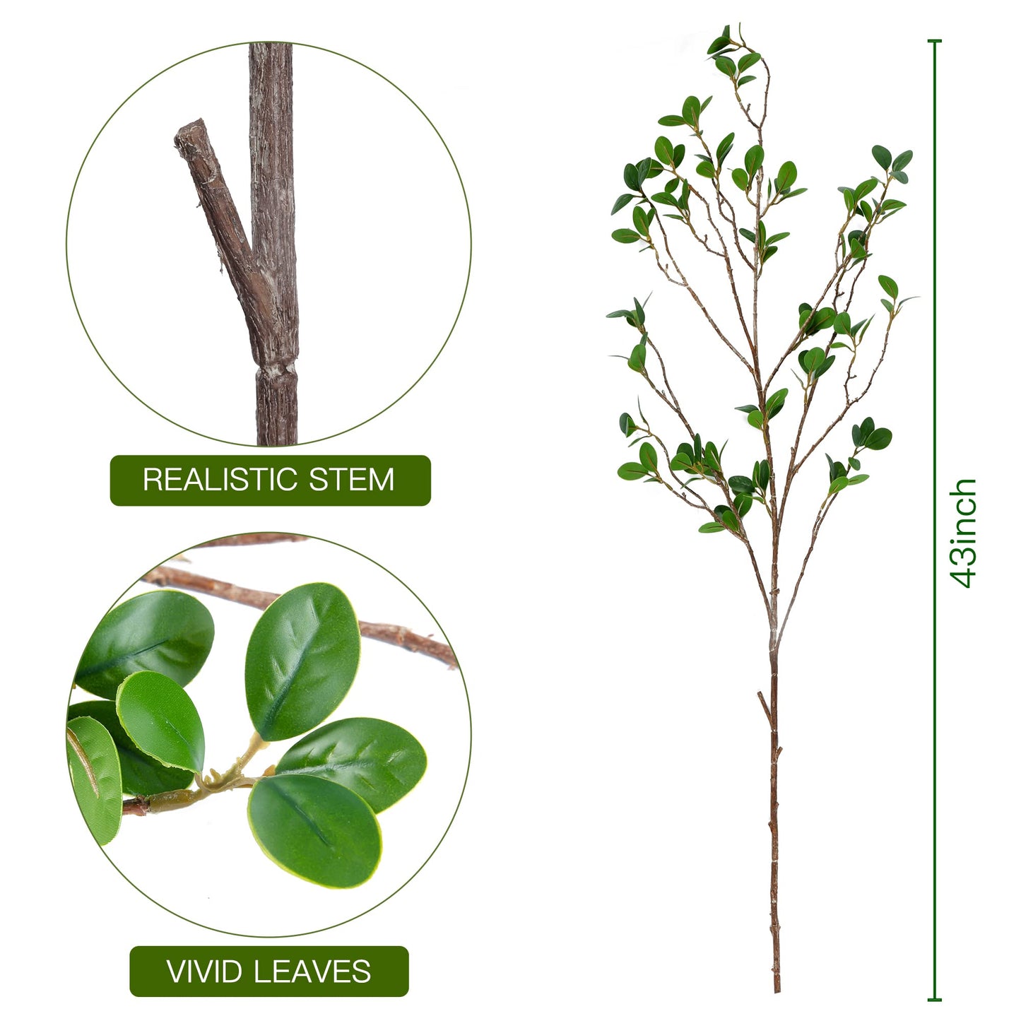 Sggvecsy 43’’ 4Pcs Artificial Ficus Branches Faux Leaf Spray Green Eucalyptus Branches Artificial Greenery Stems Fake Ficus Twig Plants for Home Office Wedding Vase Filler Shop Decoration