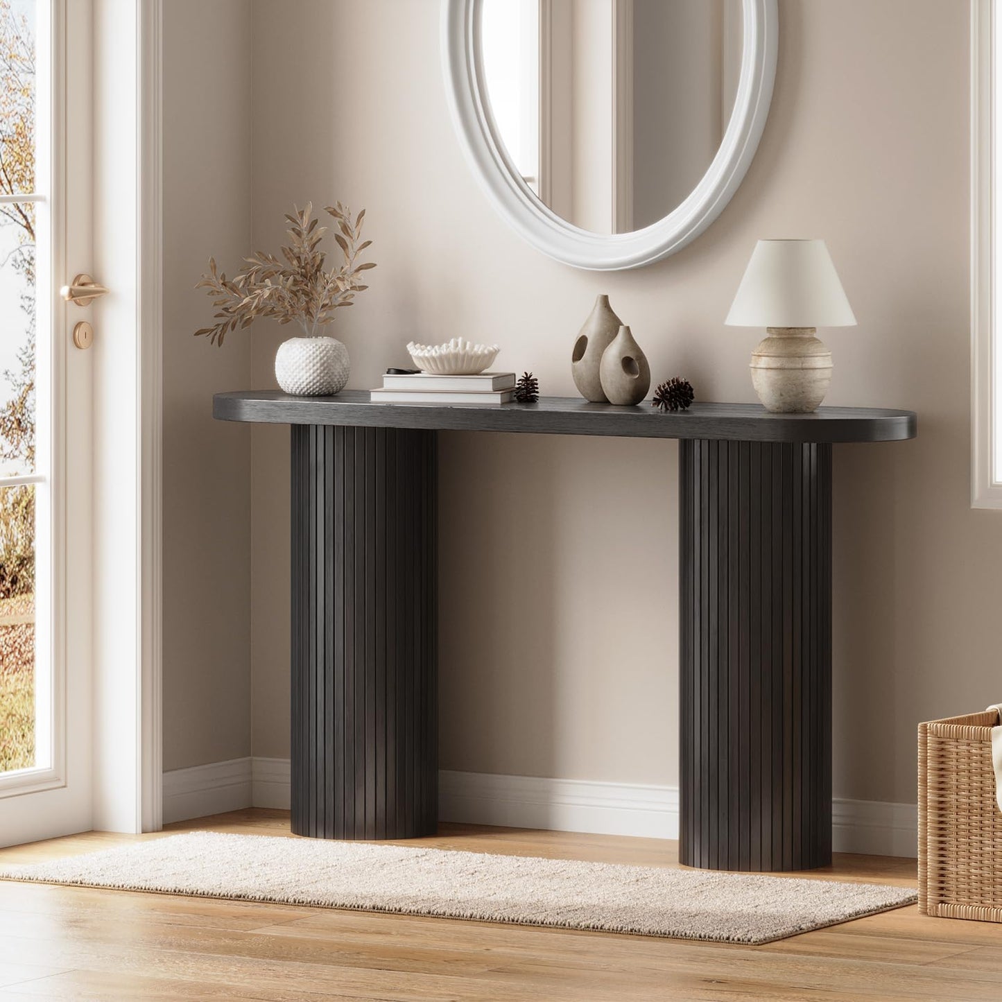 ONBRILL 55 Inch Fluted Entryway Table, Sofa Table Behind The Couch, Long Console Tables, Modern Entrance Stand for Hallway, Living Room Foyer, Farmhouse Style (Black)