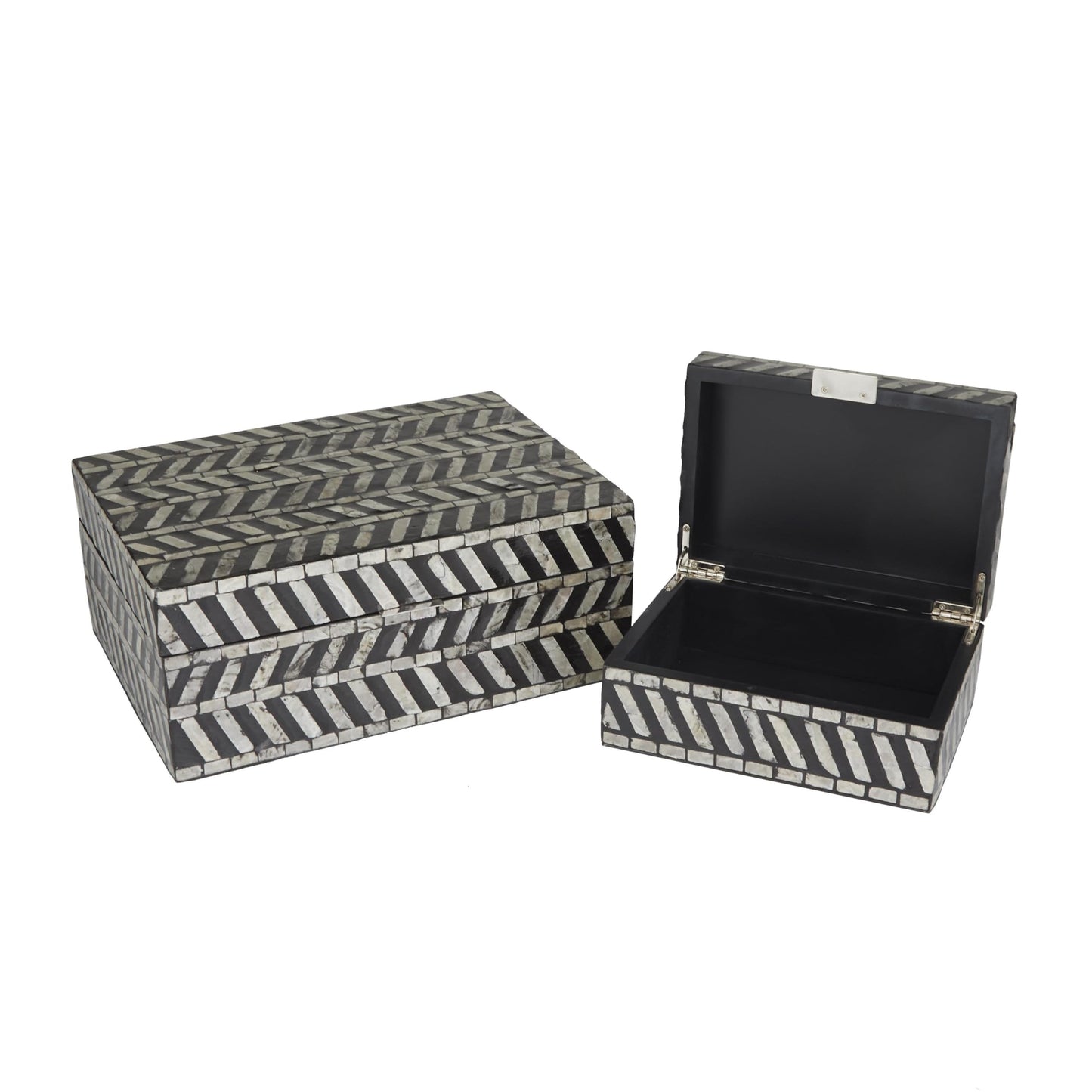 Deco 79 Mother of Pearl Shell Handmade Decorative Box Chevron Pattern Decorative Keepsake Boxes with Hinged Lid, Set of 2 Storage Boxes 12", 8"W, Gray