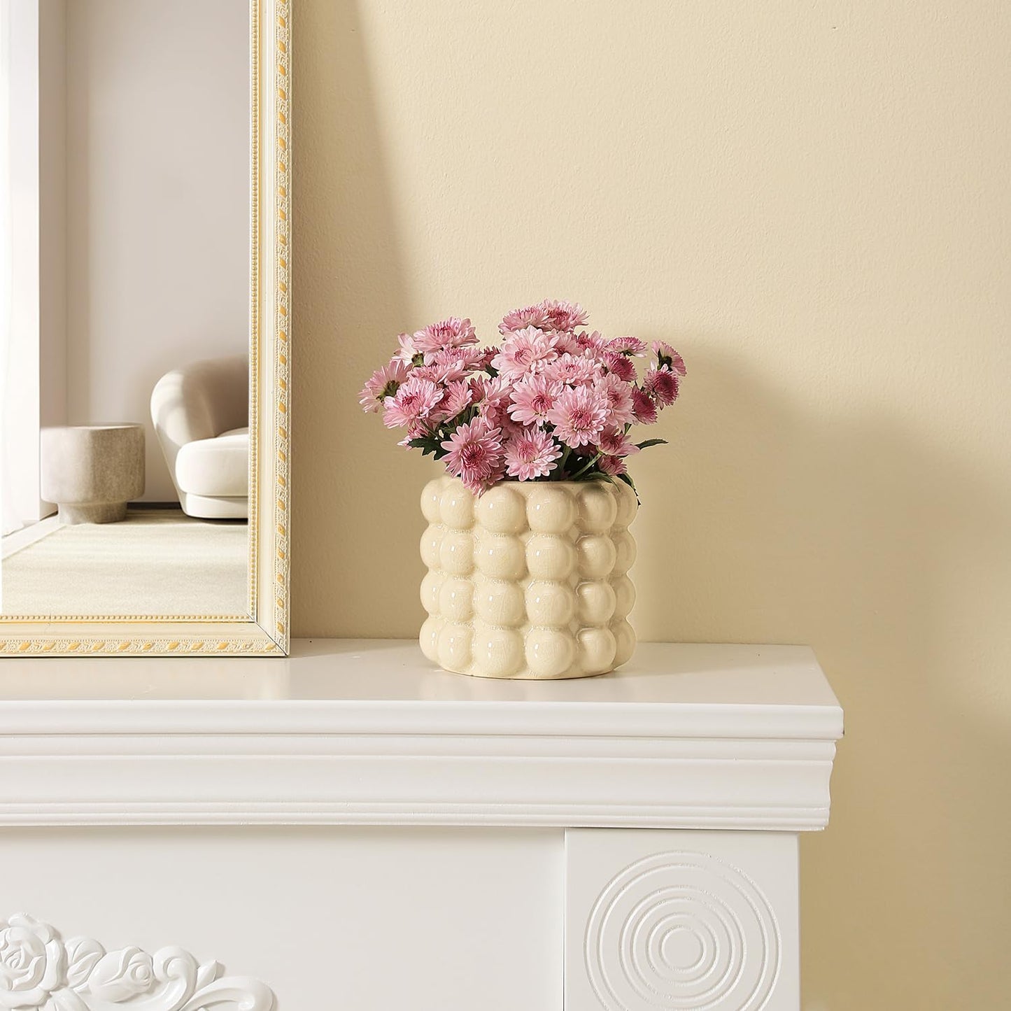 YANWE1 Bubble Vase, Beige Ceramic Vase for Flowers, Short Vases for Boho Decor, Decorative Vases for Flowers, Living Room, Bedroom, Office, Fireplace, Mantel, Coffee Table, 5 Inches