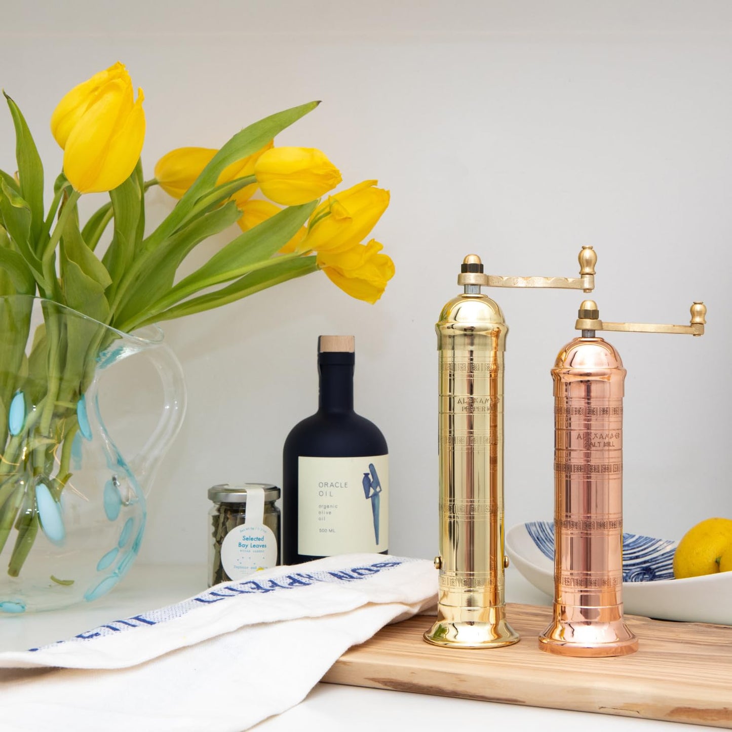 Alexander Home The Original Greek Pepper Mill 9 Inch Tall | European Pepper Mill Grinder with Crank Handle | Manual Pepper Grinder | Peppercorns Refillable - Brass