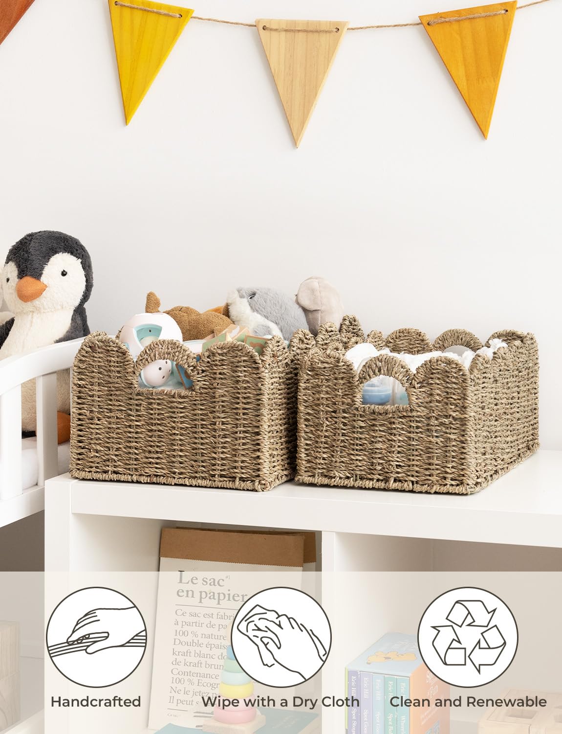 StorageWorks Scalloped Edge Wicker Basket, Hand-woven Rattan Baskets with Built-in Handles, Seagrass Basket for Organizing and Decor, 2 Pack