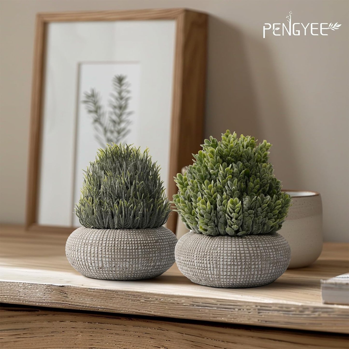PENGYEE 2Pack Small Fake Plants 6.1/5.7 Inch, Artificial Plants Indoor in Cement Planter, Faux Plants Indoor for Room Bathroom Bedroom Kitchen Office Home Decor