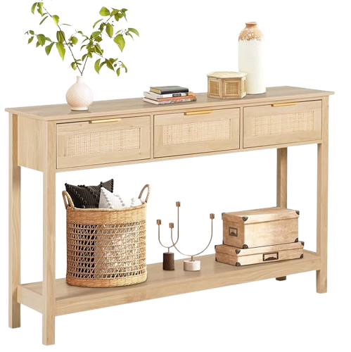 LAZZO Rattan Console Table Boho Entryway Table Narrow Long Sofa Table Hallway Foyer Behind Couch Table with 3 Drawers and Open Storage Shelf for Living Room and Corridor Natural Wood