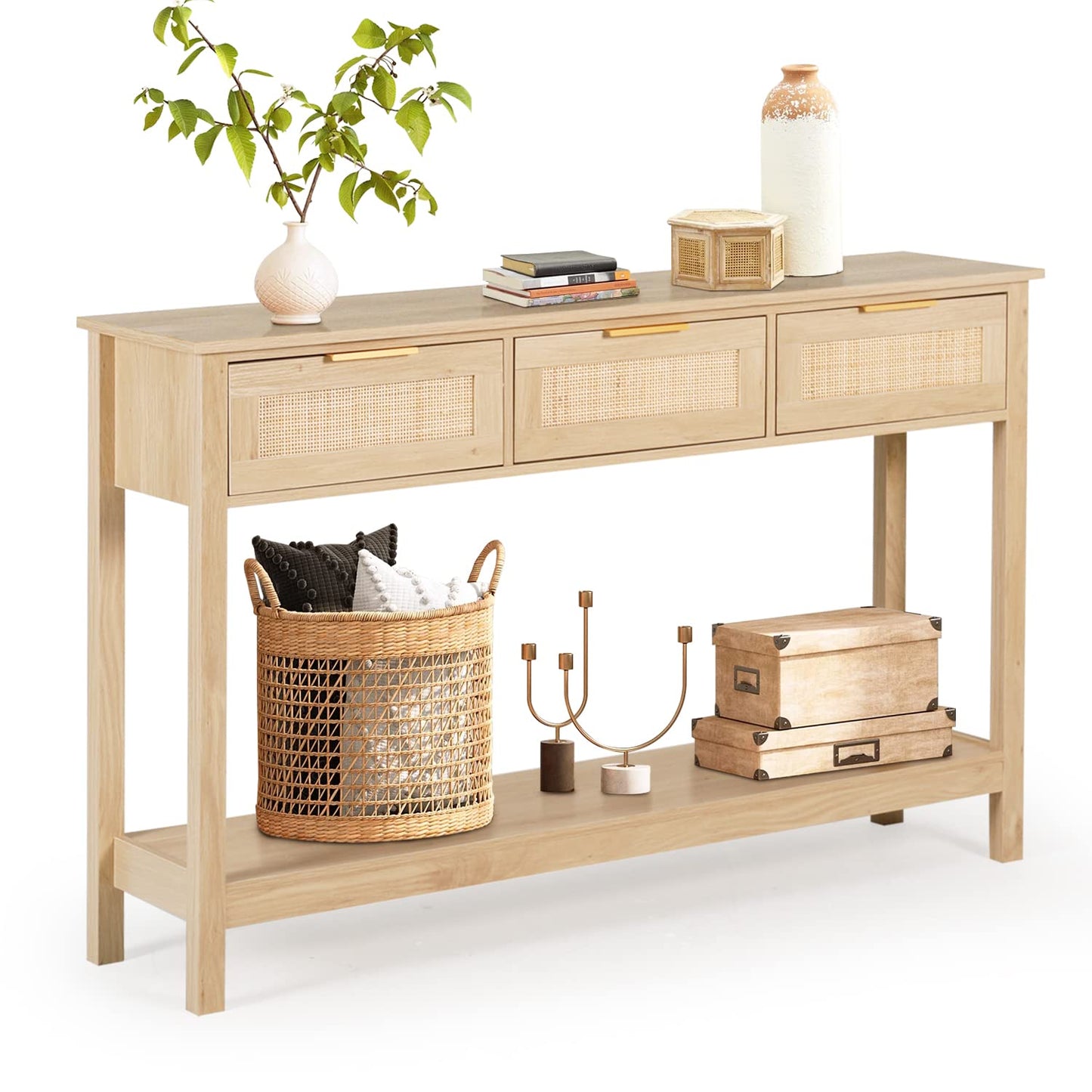 LAZZO Rattan Console Table Boho Entryway Table Narrow Long Sofa Table Hallway Foyer Behind Couch Table with 3 Drawers and Open Storage Shelf for Living Room and Corridor Natural Wood