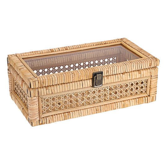 Hipiwe Rattan Decorative Box with Clear Lid and Lock - Natural Woven Wicker Basket Bin Rectangular Basket Organizer Vintage Wood and Cane Display Boxes for Shelves Home Storage and Decor
