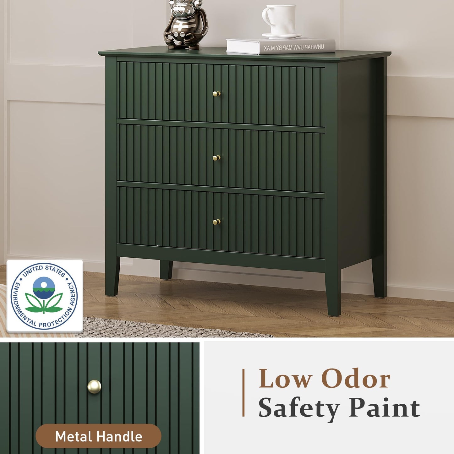 RoyalCraft Large 3 Drawer Dresser Set of 2, Fluted Chest of Drawers with Storage, Modern Painted 30 inch Tall Nightstand for Bedroom Living Room Entryway, Green