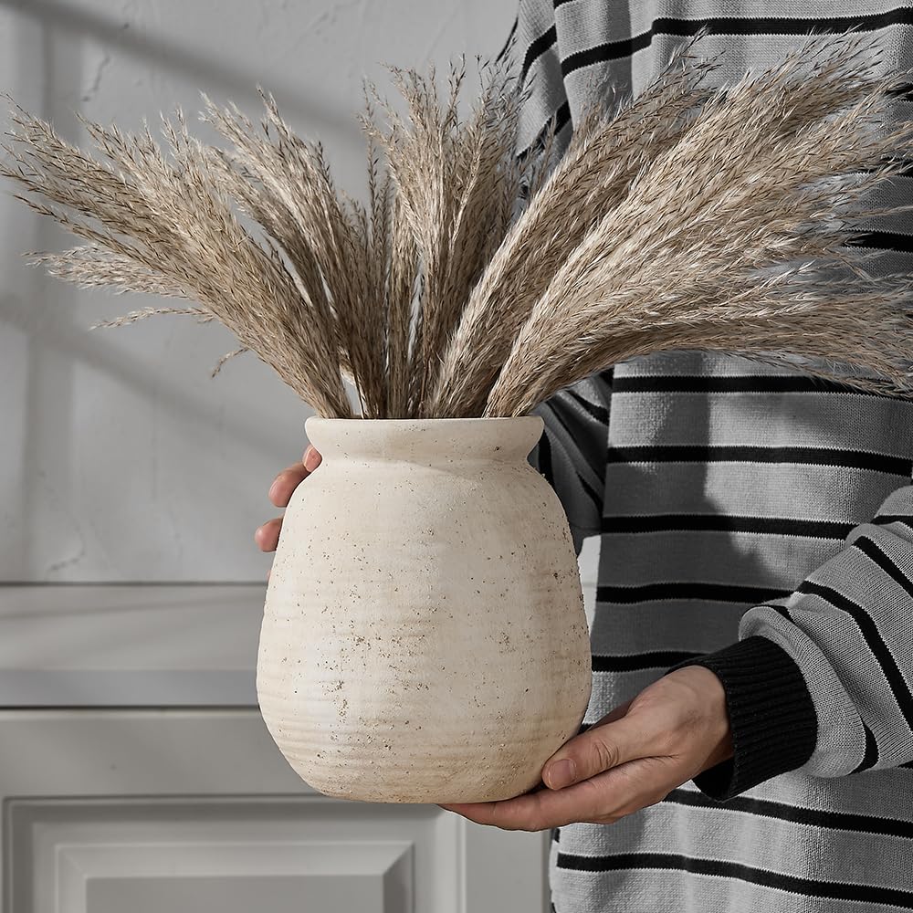 SIDUCAL Ceramic Rustic Farmhouse Vase | 7.3 Inch Pottery Decorative Flower for Home Decor | Sand Glaze Finish Boho Vase for Table, Living Room, Bathroom Decoration, Shelf Decor, Mantel, White