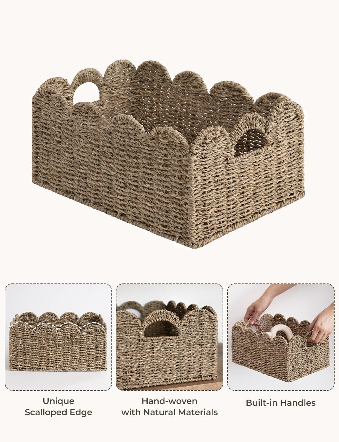 StorageWorks Scalloped Edge Wicker Basket, Hand-woven Rattan Baskets with Built-in Handles, Seagrass Basket for Organizing and Decor, 2 Pack